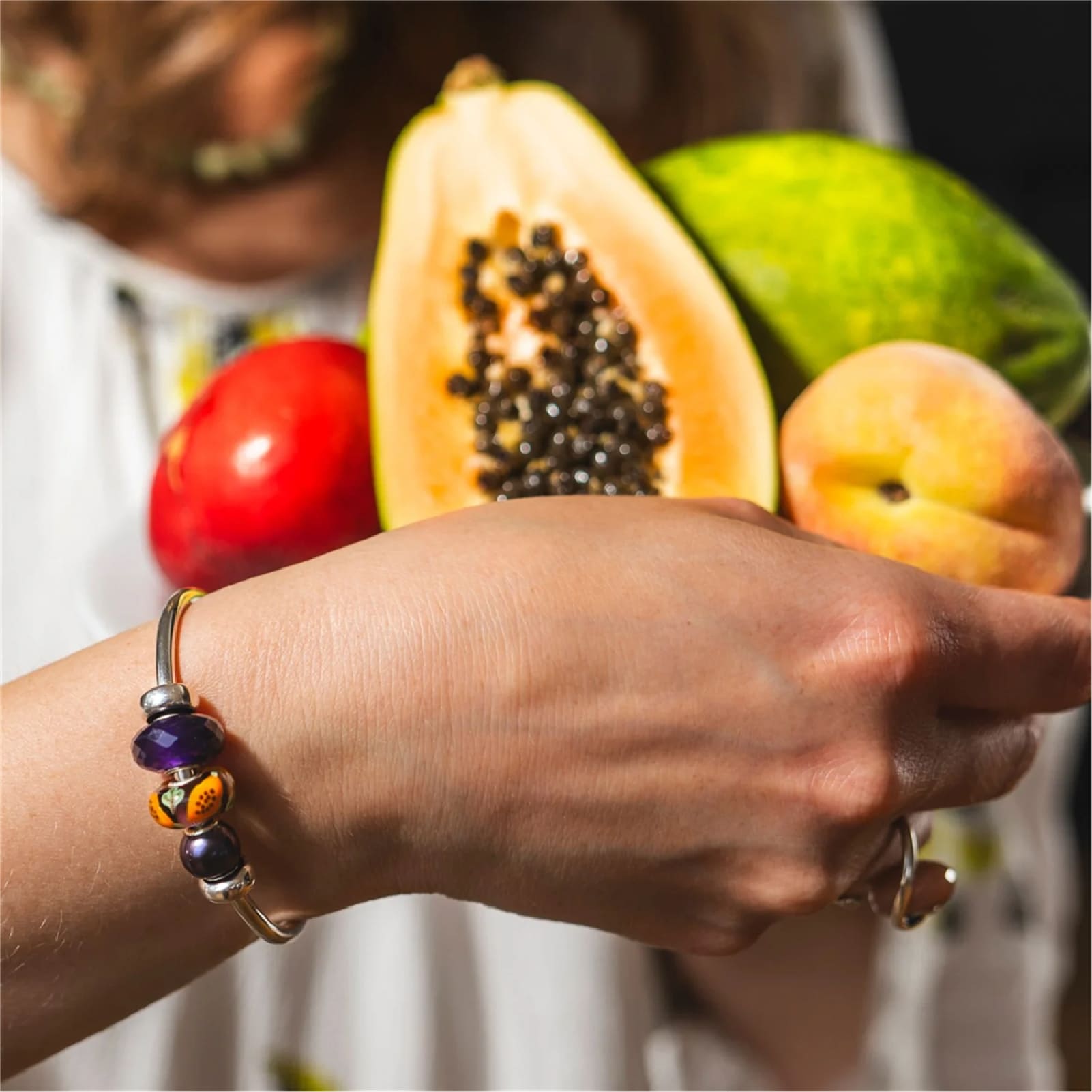 Charm Trollbeads in argento e vetro viola e papaya arancione MISURA UNICA