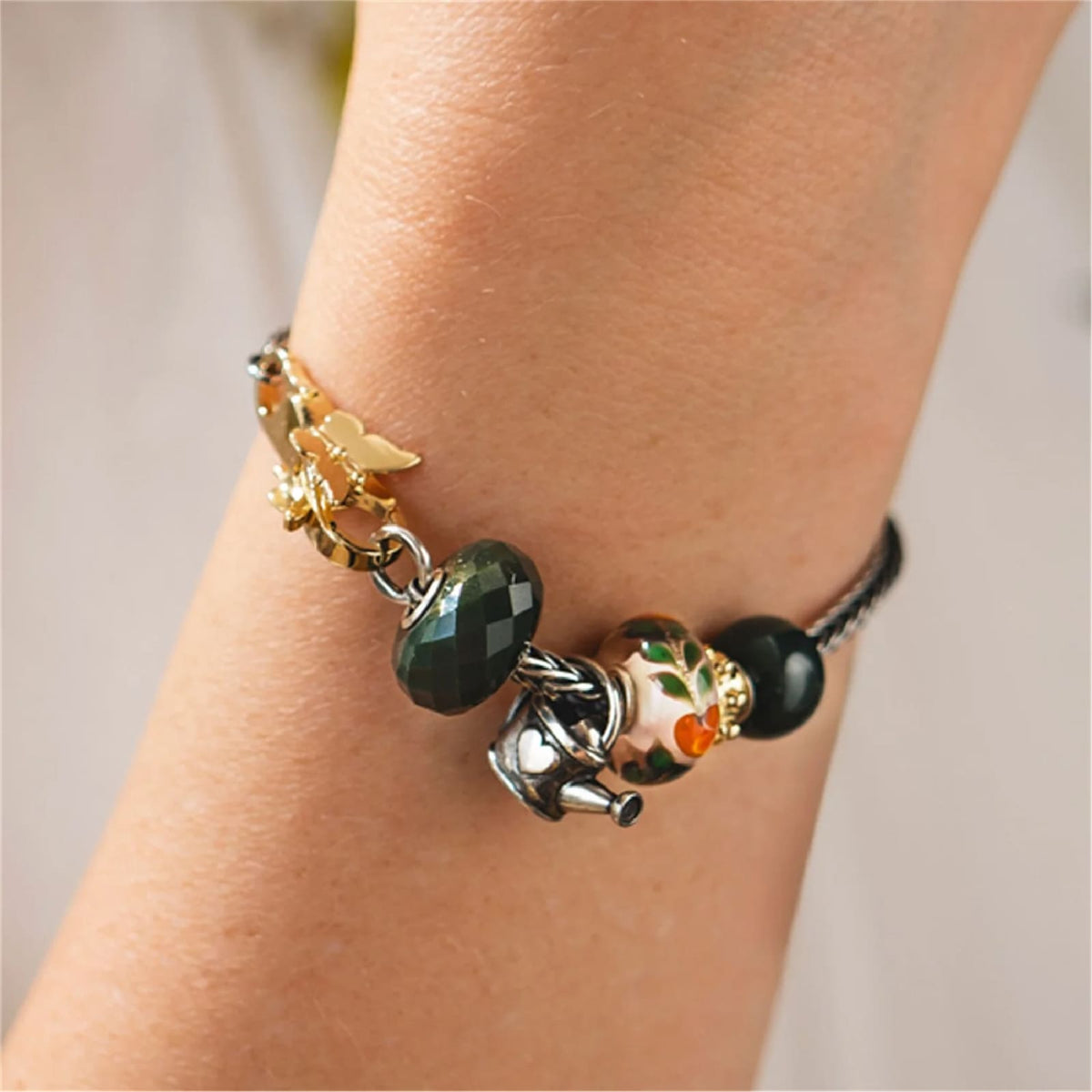 Charm Trollbeads in argento e vetro bianco con pesca arancio MISURA UNICA