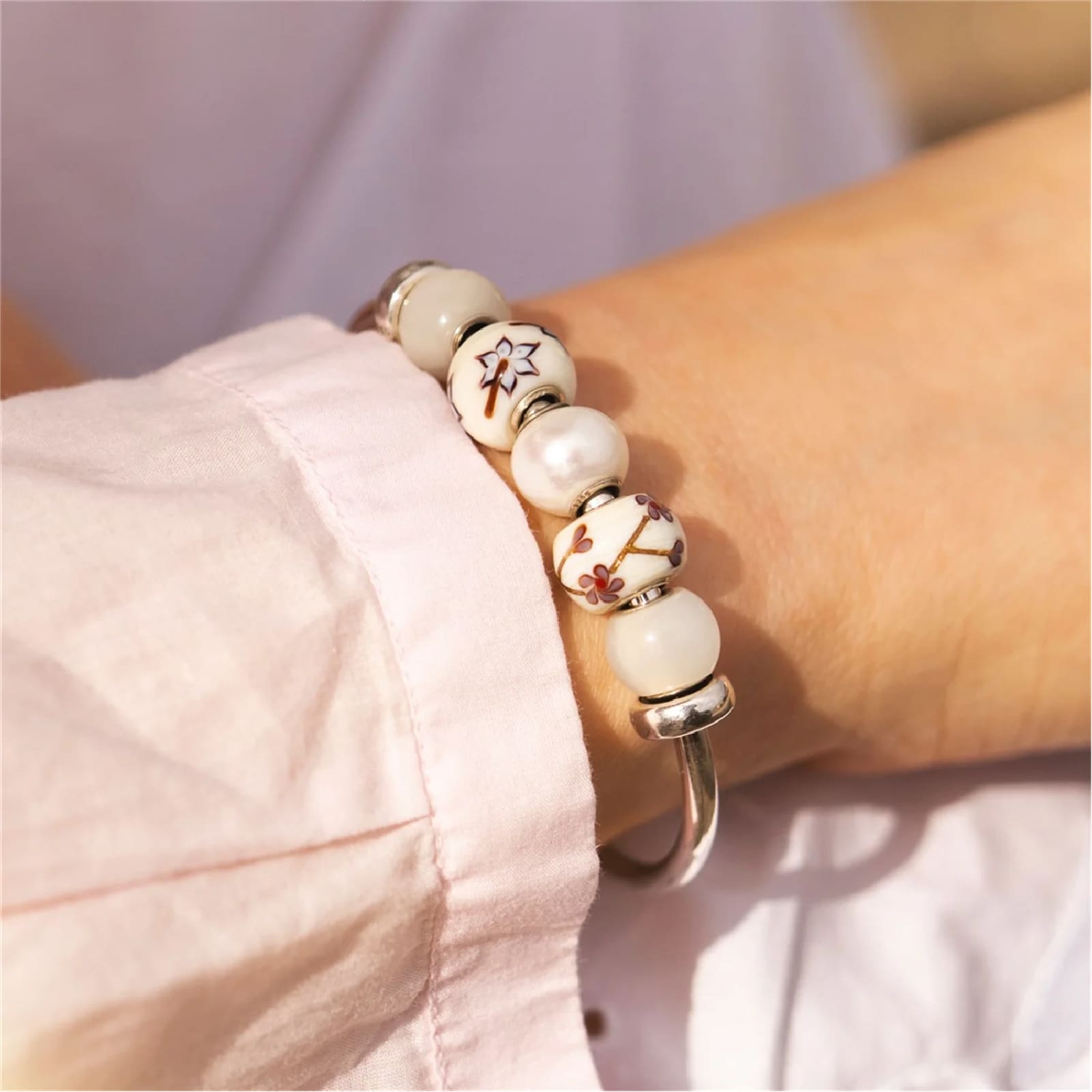 Charm Trollbeads Ritmo d'Estate in argento e vetro con fiori MISURA UNICA