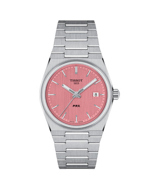 Orologio solo tempo da donna Tissot T-Classic PRX con cassa 35 mm e bracciale in acciaio con quadrante rosa T1372101133100