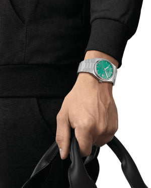 Orologio automatico da uomo Tissot T-Classic PRX Powermatic 80 con cassa 40 mm e bracciale in acciaio con quadrante verde menta T1374071109101