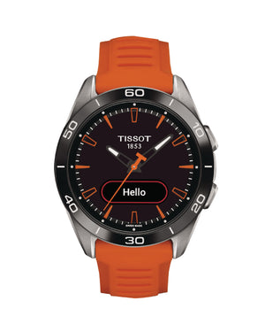 Orologio Smartwatch uomo Tissot T-Touch Connect Sport cassa 43,75 mm in titanio cinturino silicone arancione e lunetta ceramica nera T1534204705102