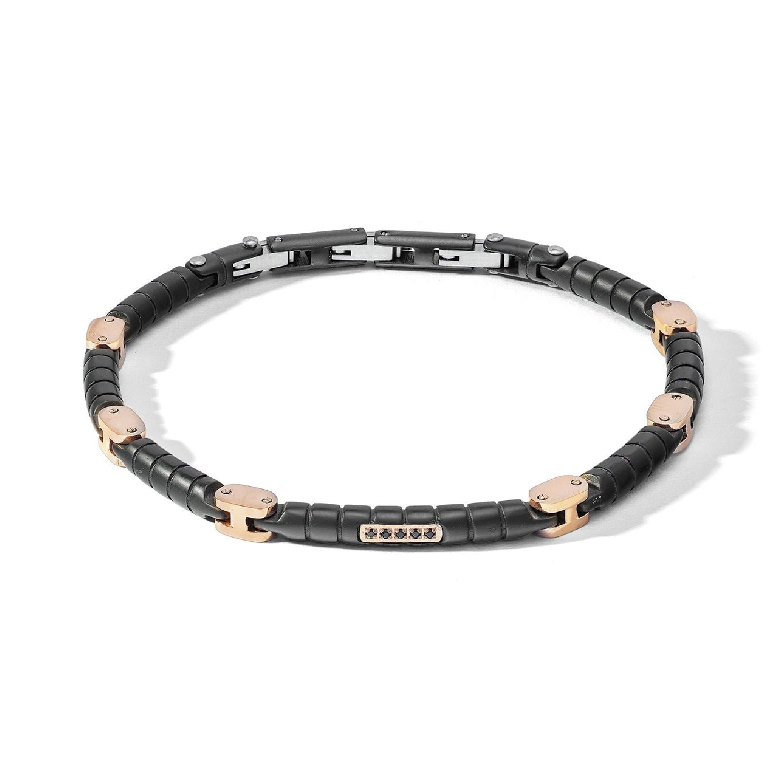 Bracciale catena Comete Module da uomo in acciaio nero e rosé con diamanti neri UBR1157-1