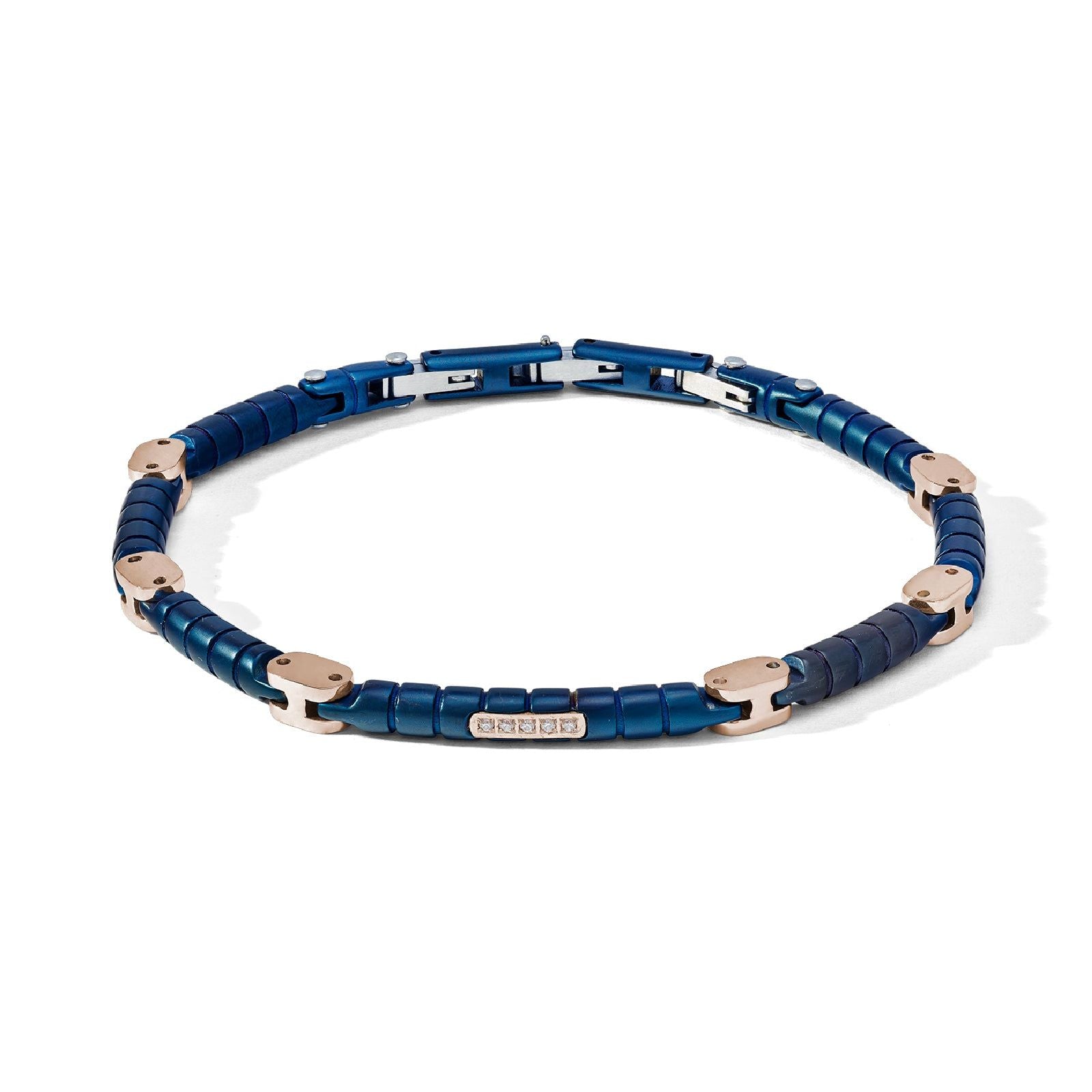 Bracciale catena Comete Module da uomo in acciaio blu e rosé con diamanti neri UBR1158-1