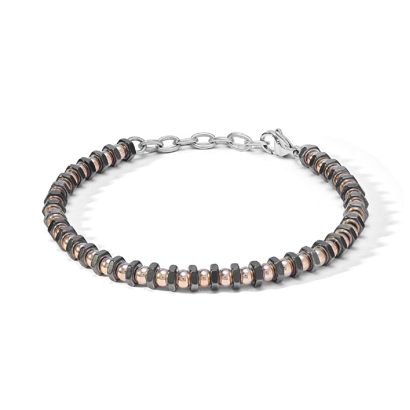 Bracciale catena Comete District da uomo in acciaio con rondelle nere e sfere rosé UBR1168-1