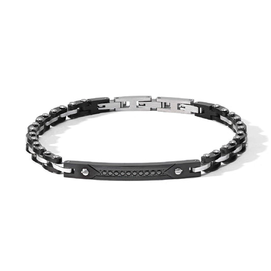 Bracciale uomo Comete Zip in acciaio nero e piastrina con zirconi neri UBR1188-1