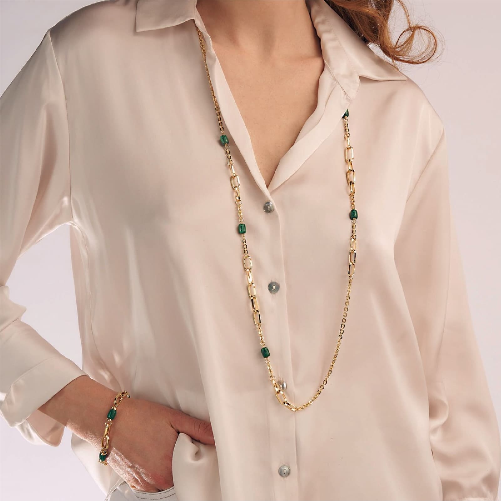 Collana lunga Unoaerre Essenza in bronzo dorato con malachite MISURA UNICA