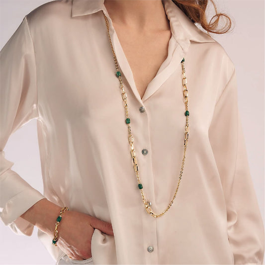 Collana lunga Unoaerre Essenza in bronzo dorato con malachite MISURA UNICA