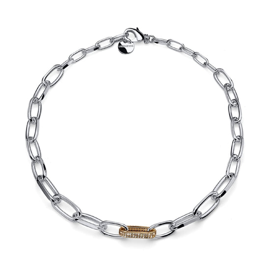 Collana Unoaerre bronzo argentato e maglia dorata con zirconi MISURA UNICA