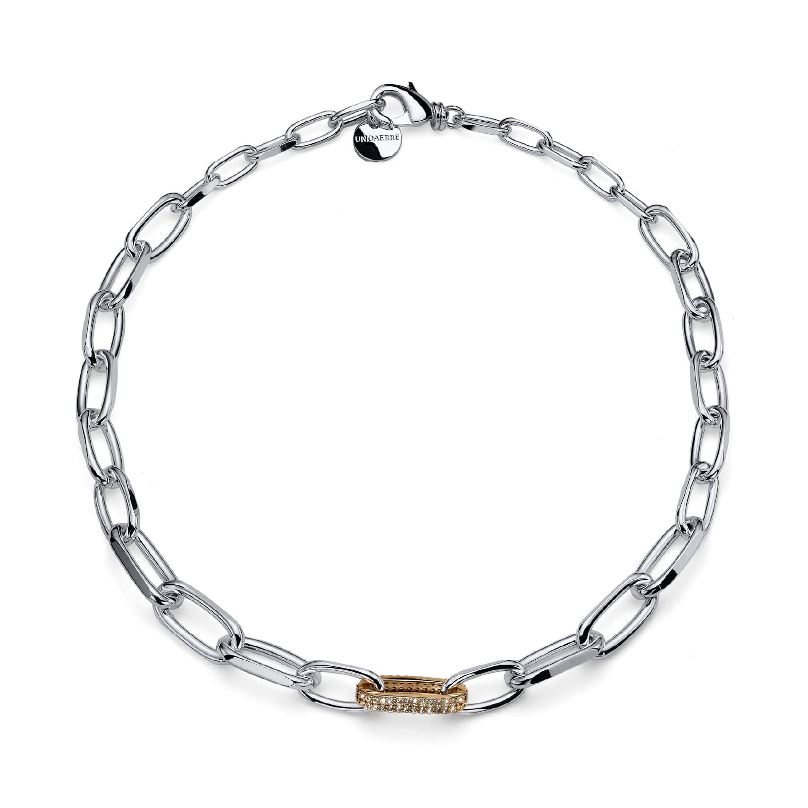 Collana Unoaerre bronzo argentato e maglia dorata con zirconi MISURA UNICA