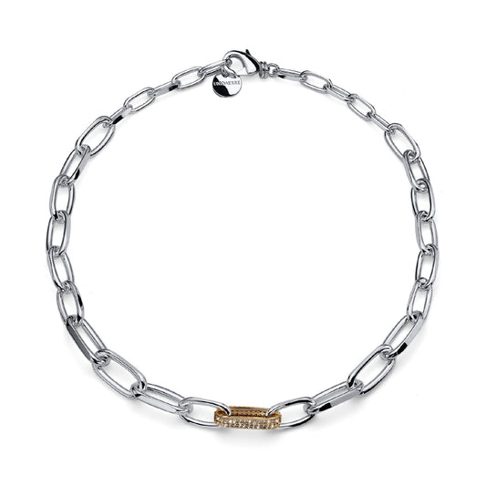 Collana Unoaerre bronzo argentato e maglia dorata con zirconi MISURA UNICA