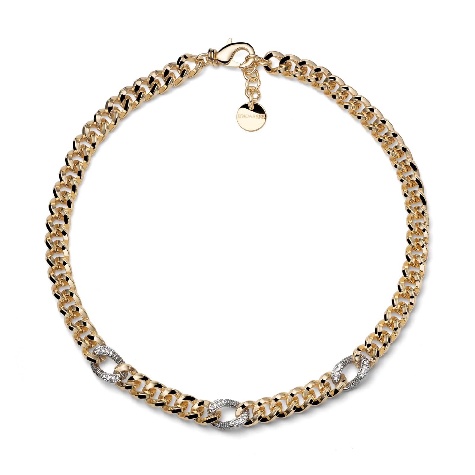 Collana Unoaerre in bronzo con tre maglie argentate con zirconi MISURA UNICA