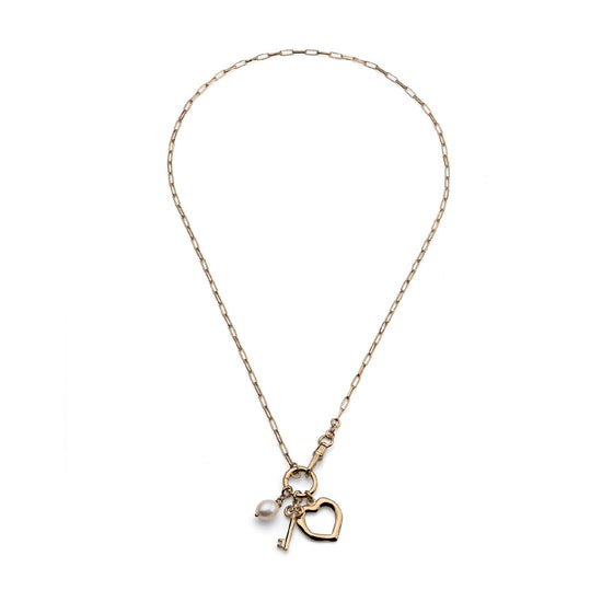 Collana Unoaerre in argento dorato con cuore chiave e perla MISURA UNICA