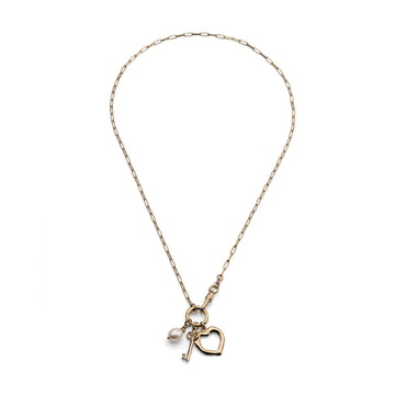 Collana Unoaerre in argento dorato con cuore chiave e perla MISURA UNICA