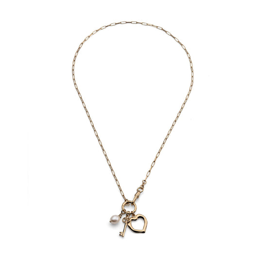 Collana Unoaerre in argento dorato con cuore chiave e perla MISURA UNICA