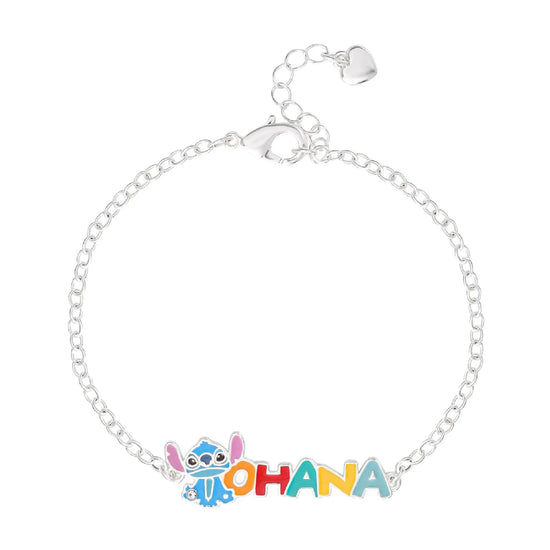 Bracciale Catena Disney Stitch ottone argento scritta ohana 20,5 cm