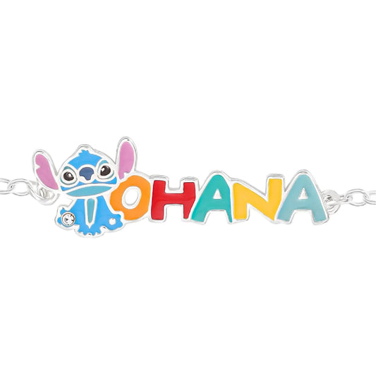 Bracciale Catena Disney Stitch ottone argento scritta ohana 20,5 cm