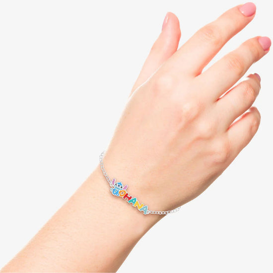 Bracciale Catena Disney Stitch ottone argento scritta ohana 20,5 cm