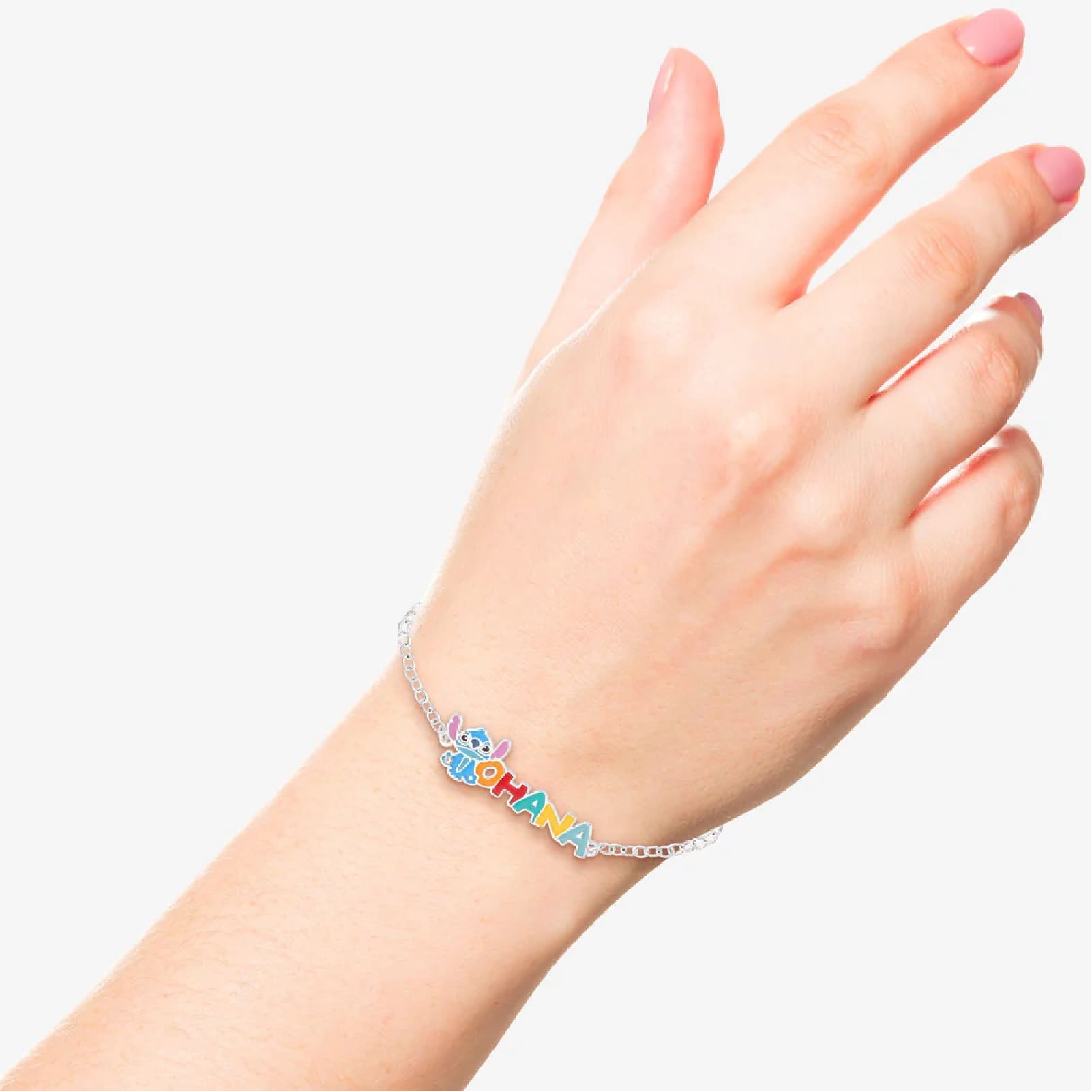 Bracciale Catena Disney Stitch ottone argento scritta ohana 20,5 cm