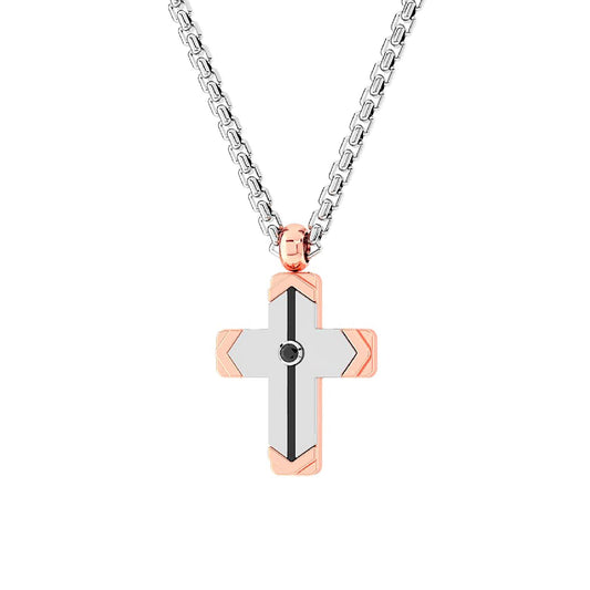 Collana Zancan croce in acciaio con pvd rosé e spinello nero MISURA UNICA