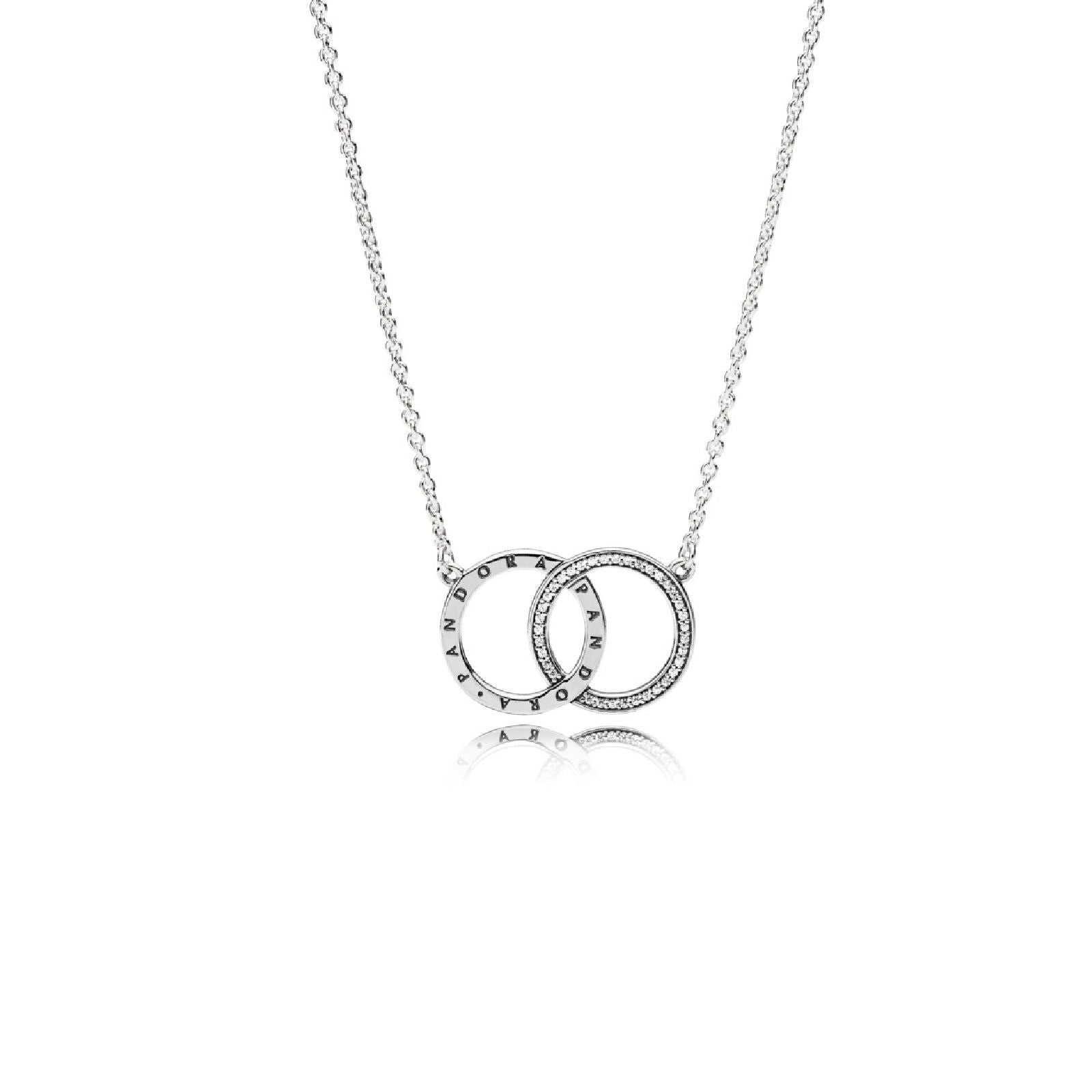 Collana con cerchi intrecciati e logo Pandora 396235CZ-45-2