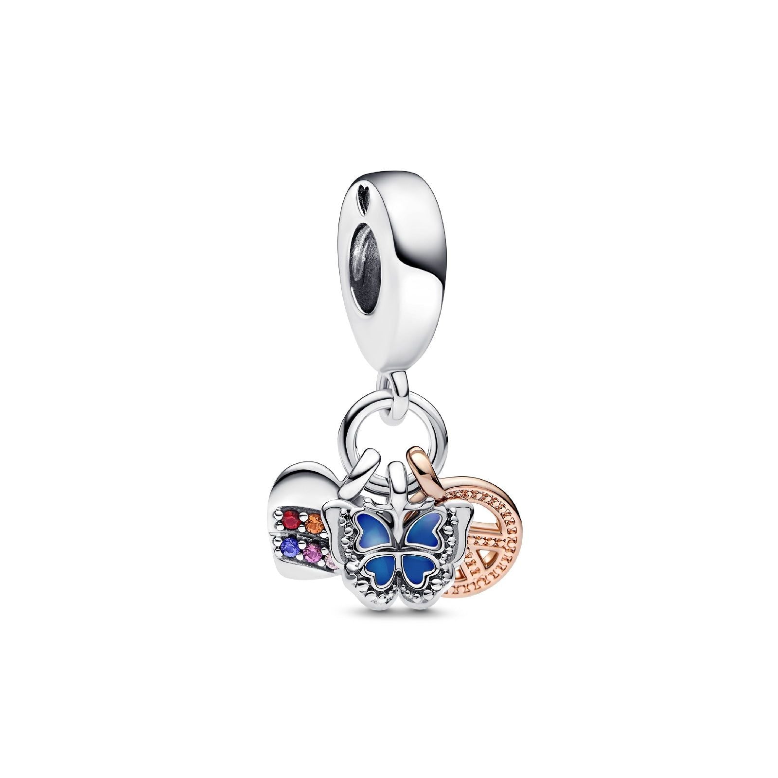 Charm pendente bicolore triplo Cuore Arcobaleno, Farfalla e Pace 782572C01-1