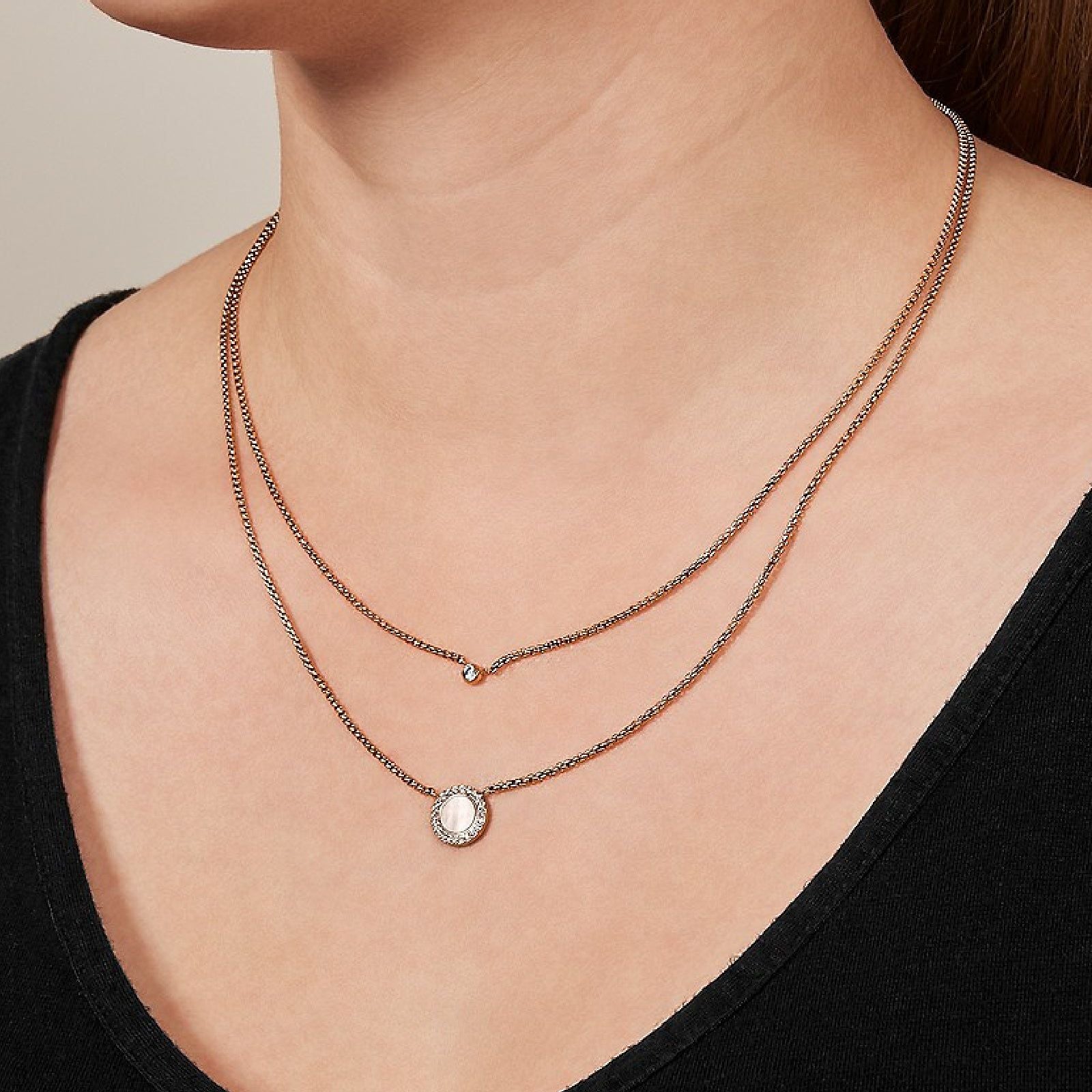 Collana Fossil Donna In Acciaio Oro Rosa Con Ciondolo Cuore E Cristalli - 40 Cm + Estensione - Foto 3