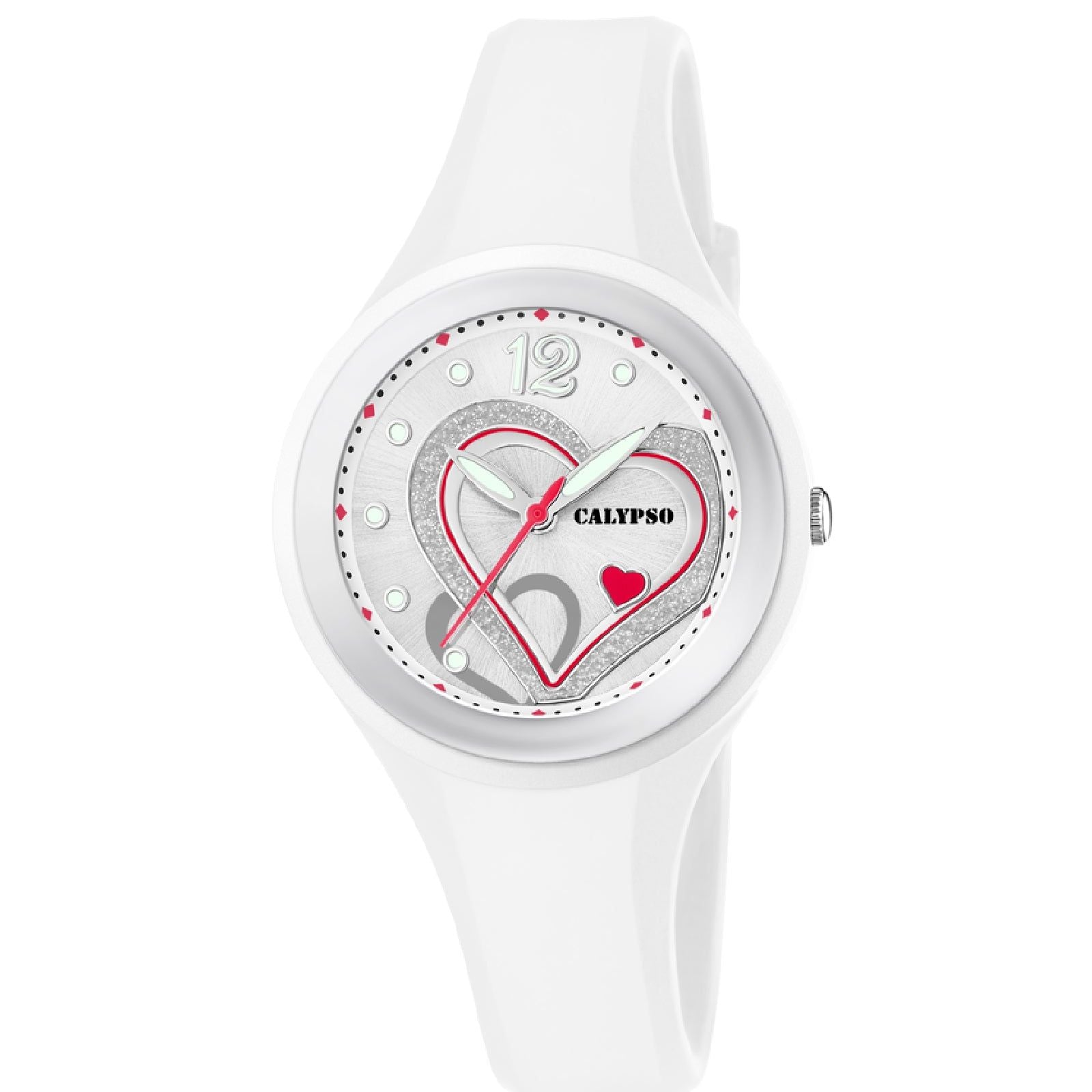 Orologio solo tempo della collezione Calypso Trendy da donna. Colore cassa bianco colore del quadrante argento con dettagli rossi colore del cinturino bianco. Cassa di diametro 37 mm in plastica e qua...